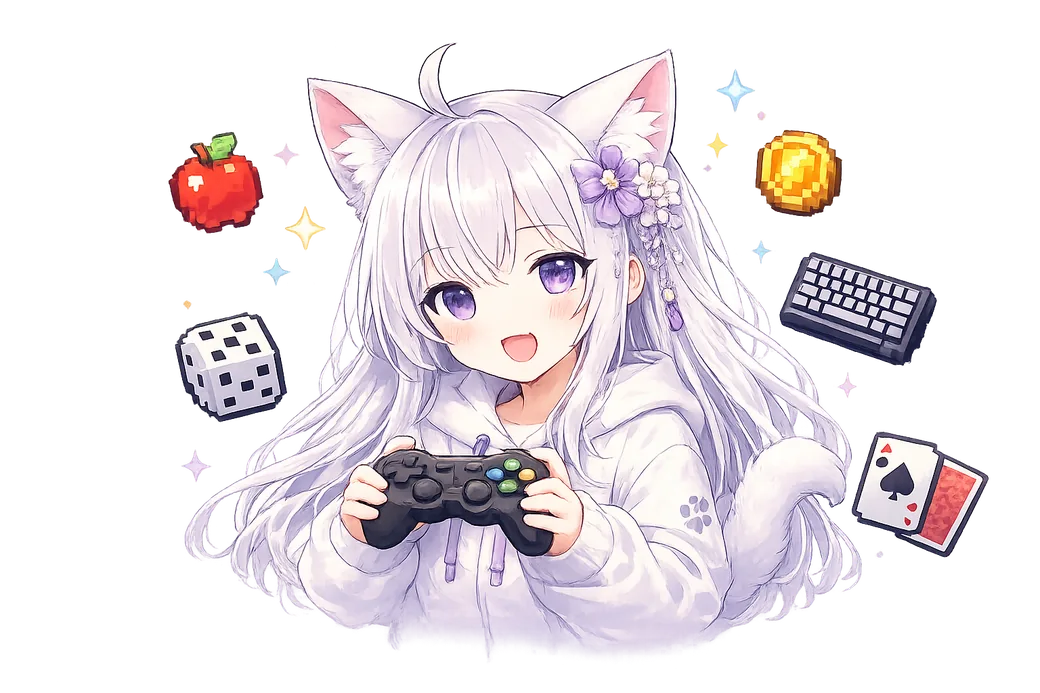 Nyanya character holding a game controller surrounded by mini-game icons
